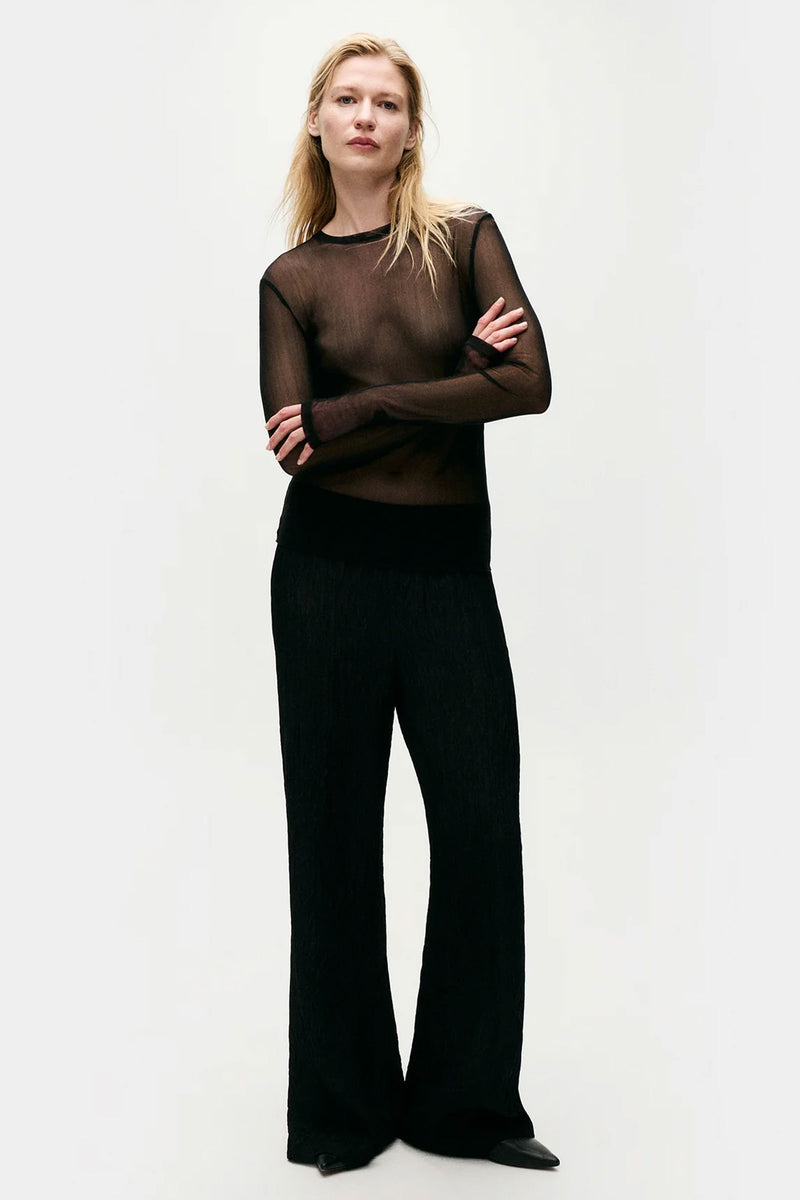 Silk Laundry Mesh Long Sleeve Top in Black