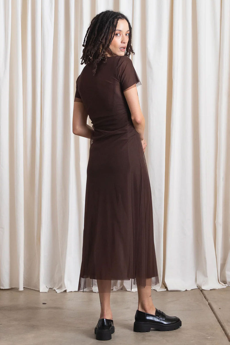 Ali Golden Fitted Mesh T-Shirt Dress in Chocolate