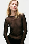 Silk Laundry Mesh Long Sleeve Top in Black