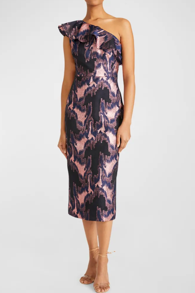 Monique Lhuillier Lina Jacquard Midi Dress in Navy/Rose Gold