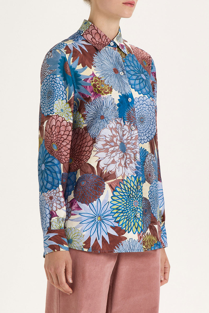 Maliparmi Long Sleeve Floral Blouse in Blue and Brown